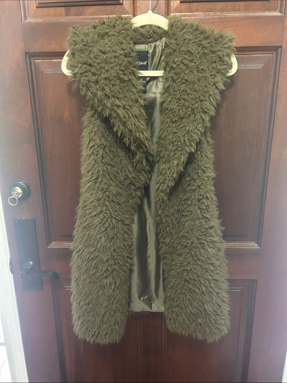 Me Jane Olive Faux Fur Long Vest with Shawl Collar